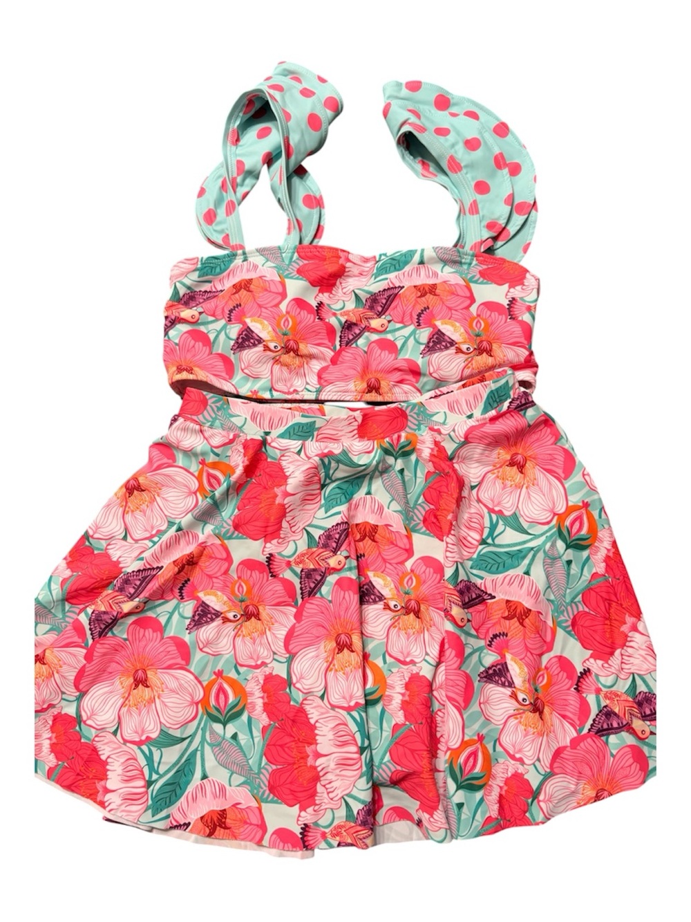 Floral Pink & Mint Swim Dress Bikini Top and Skirt - Brand Not Visible